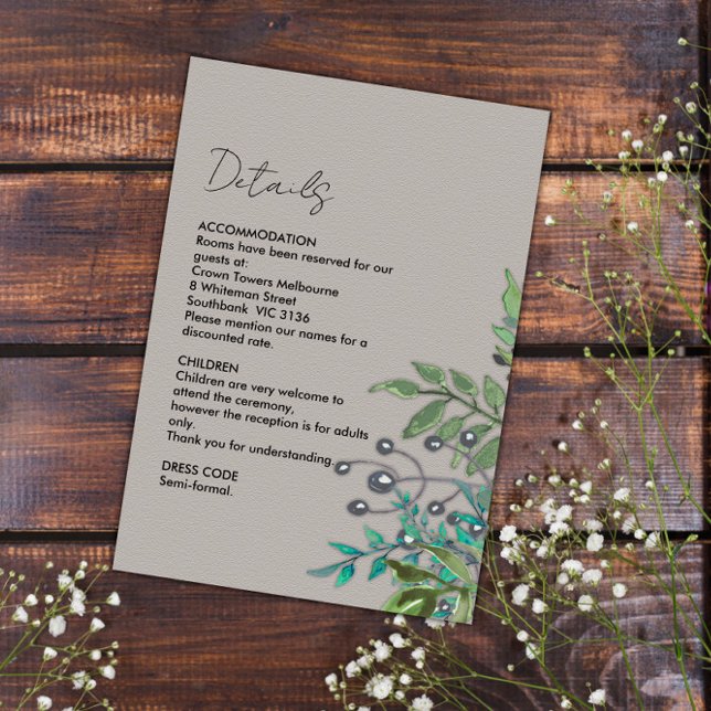 Carte D'accompagnement Rustique Botanique gris pâle Détails du Mariage (Créateur téléchargé)