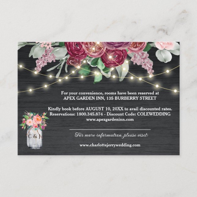 Carte D'accompagnement Rustique Bourgogne Mason Jar Lights Détails du Mar (Devant)