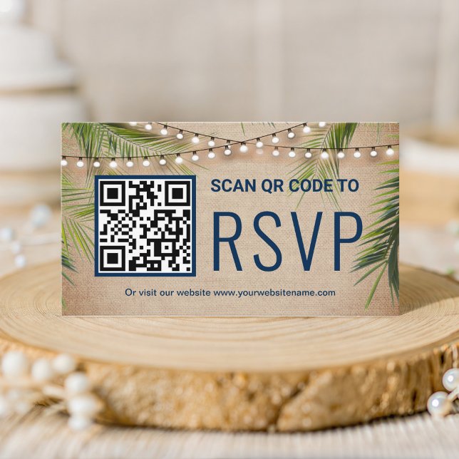 Carte D'accompagnement Rustique Burlap Tropical Palm QR Code RSVP Mariage (Créateur téléchargé)