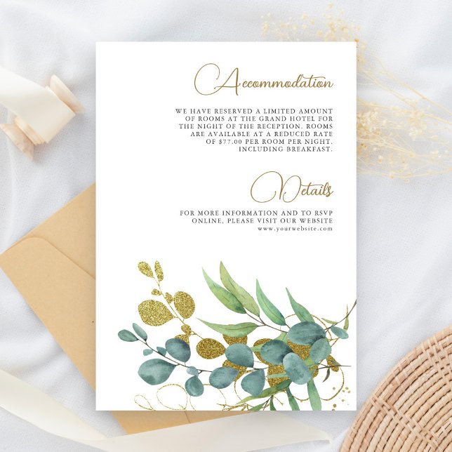 Carte D'accompagnement Rustique Eucalyptus Gold Branch Détails du Mariage (Créateur téléchargé)