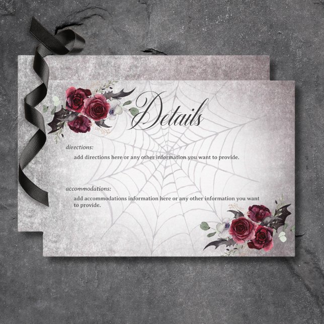 Carte D'accompagnement Rustique gothique Noir & Bourgogne Halloween Détai (Rustic Gothic Black & Burgundy Halloween Wedding Details Card)