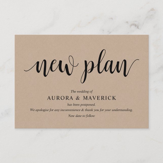 Carte D'accompagnement Rustique Kraft, Noir, Mariage postpone, modifiable (Devant)