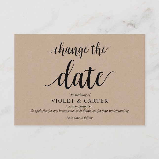 Carte D'accompagnement Rustique Kraft, Noir, Mariage postpone, modifiable (Devant)