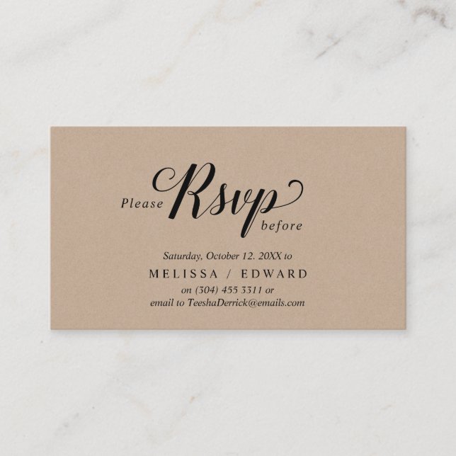 Carte D'accompagnement Rustique Kraft, Script noir, réponse RSVP (Devant)