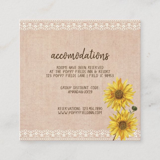 Carte D'accompagnement Rustique Lace & Burlap Sunflowers Mariage Hotel (Devant)