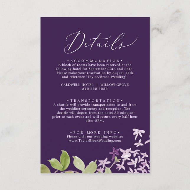 Carte D'accompagnement Rustique Lilac | Détails du Mariage violet (Devant)