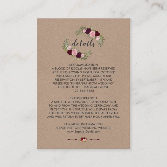 Carte D'accompagnement Rustique Marsala Floral Artisanat Détails Mariage (Devant)