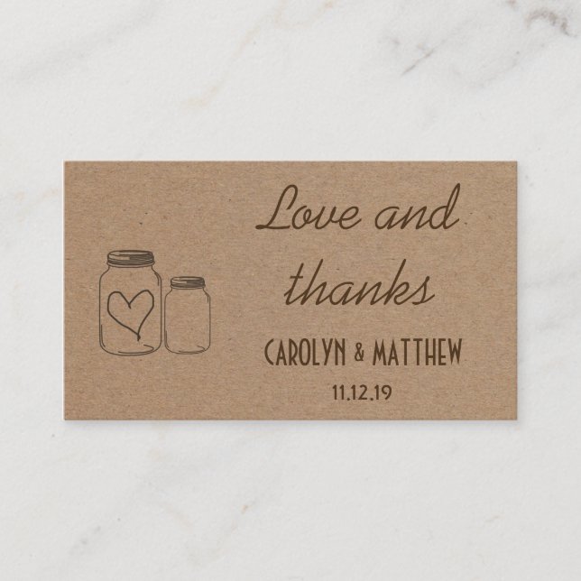 Carte D'accompagnement Rustique Masonjar Coeur Mariage Amour & Merci Insé (Devant)