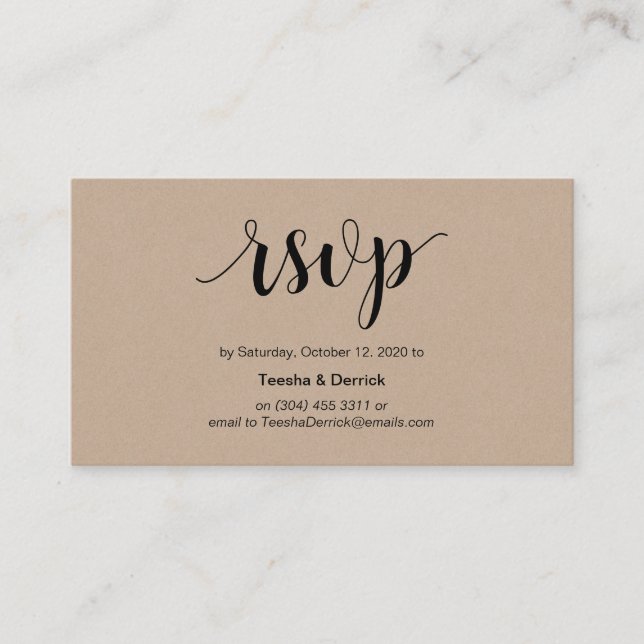 Carte D'accompagnement Rustique moderne, Kraft, Script noir, Mariage RSVP (Devant)