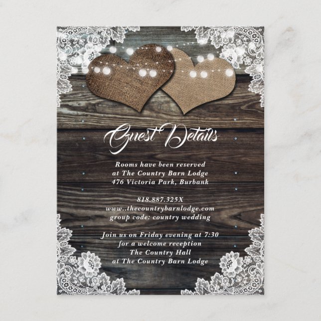 Carte D'accompagnement Rustique Pays Bois Burlap Floral Mariage dentelle (Devant)