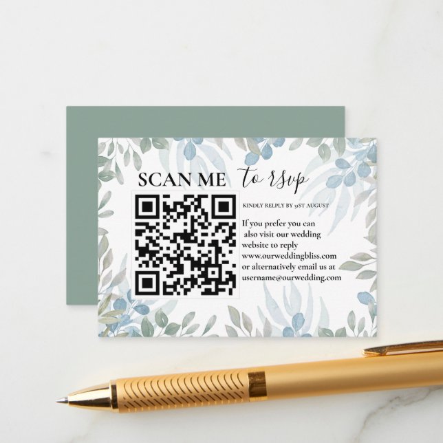 Carte D'accompagnement Rustique RSVP QR Code Eucalyptus Mariage de verdur (Devant/Arrière en situation)