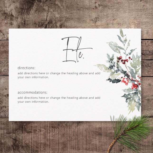 Carte D'accompagnement Rustique Winter Holly Berries & neige Détails (Rustic Winter Holly Berries & Snow Wedding Details Card)