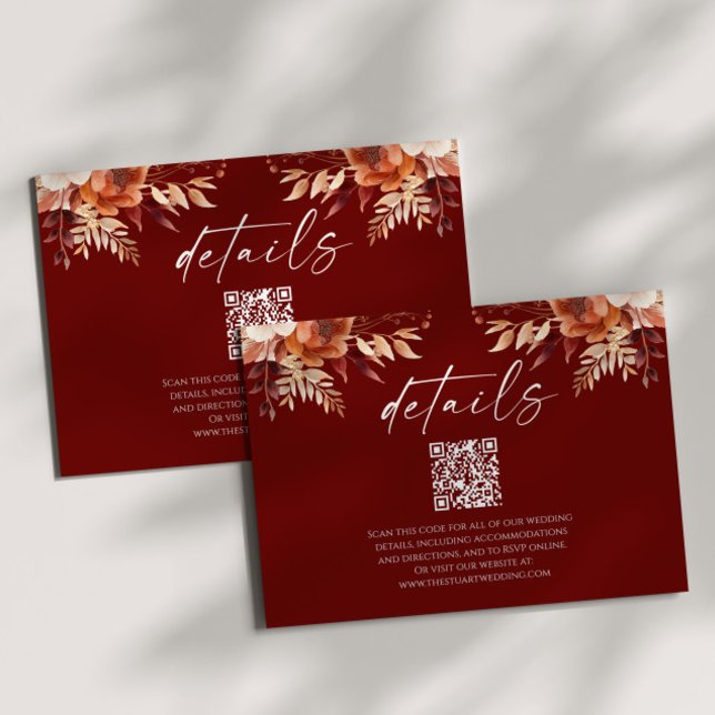Carte D'accompagnement Rusty Burgundy Floral QR Code Détails du Mariage (Créateur téléchargé)