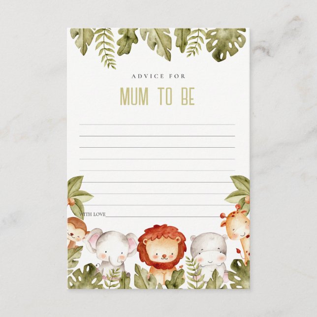 Carte D'accompagnement Safari tropical Animaux Conseils pour Baby shower  (Devant)