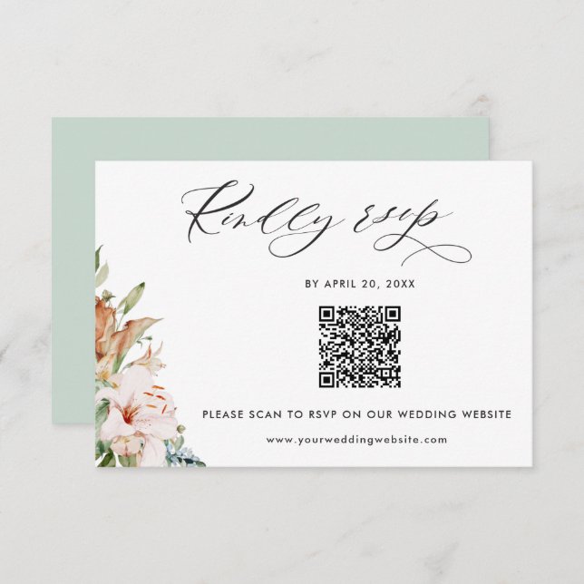 Carte D'accompagnement Sage, Blooms Terrestres QR Code Rsvp Mariage En Li (Devant / Derrière)