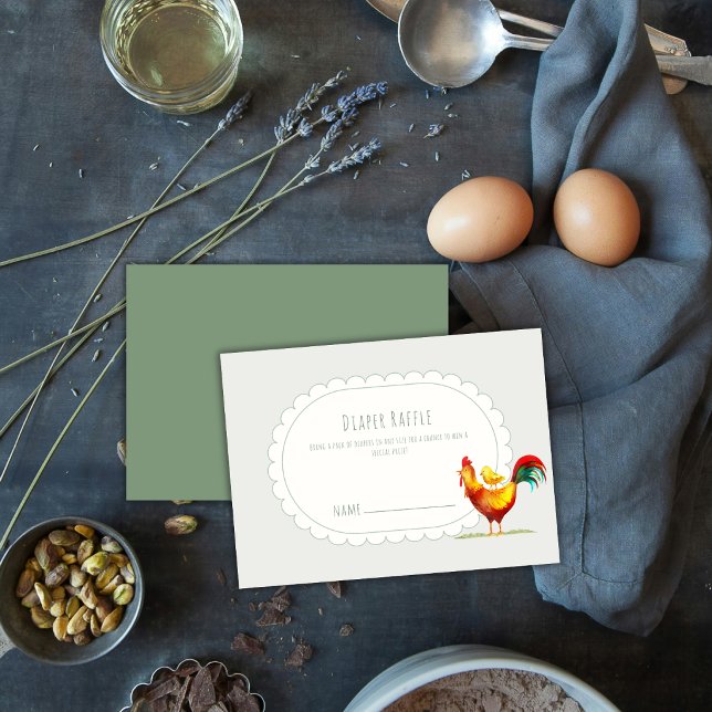 Carte D'accompagnement Sage Boho Coq Poussin Linge Bébé Shower Fête (Sage Boho Rooster Chick Diaper Raffle Baby Shower Enclosure Card)