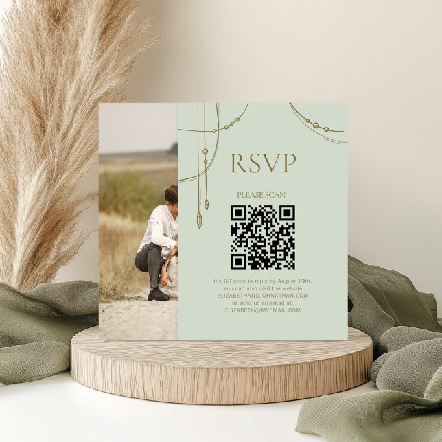 Carte D'accompagnement Sage Green Boho Drapé Mariage perlé QR Code RSVP (Créateur téléchargé)
