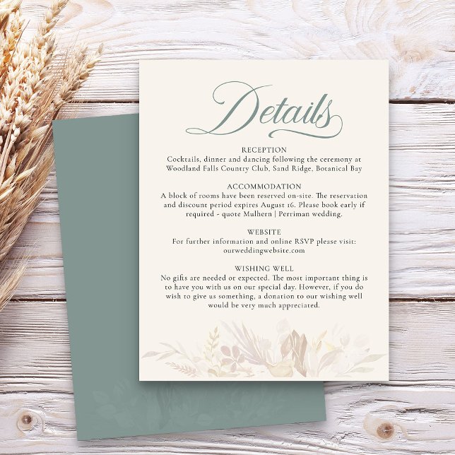 Carte D'accompagnement Sage Green Botanical Foliage Détails du Mariage (Sage Green wedding details enclosure card - Foliage Duet wedding collection)