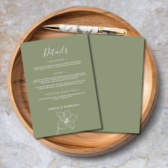 Carte D'accompagnement Sage Green Elegant Floral Mariage Détail (Sage Green Elegant Floral Wedding Details Enclosure Card with Line Art Flowers.)