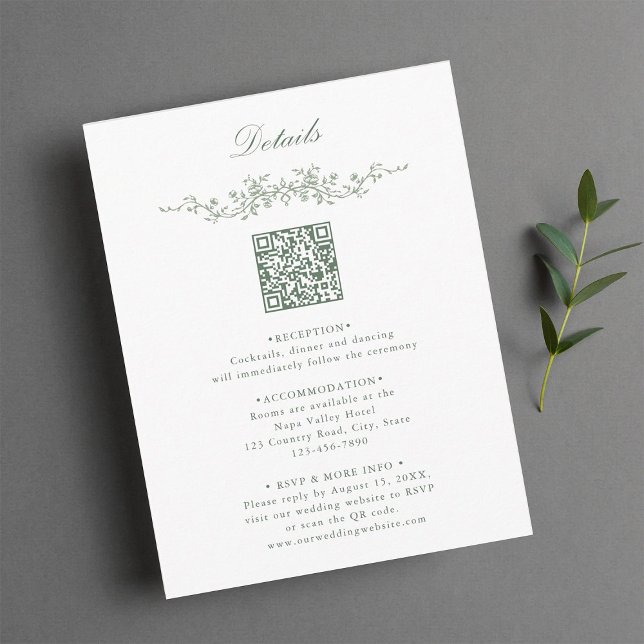 Carte D'accompagnement Sage Green Elegant Floral QR Code Détails du Maria (Créateur téléchargé)