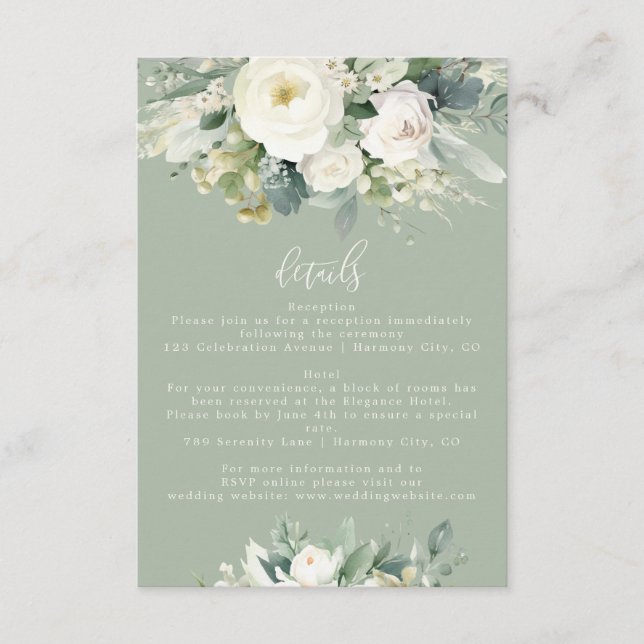 Carte D'accompagnement Sage Green Eucalyptus Floral Détails du Mariage En (Devant)