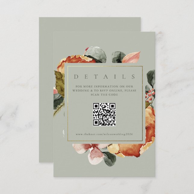 Carte D'accompagnement Sage Green Floral Garden QR Site Mariage (Devant / Derrière)
