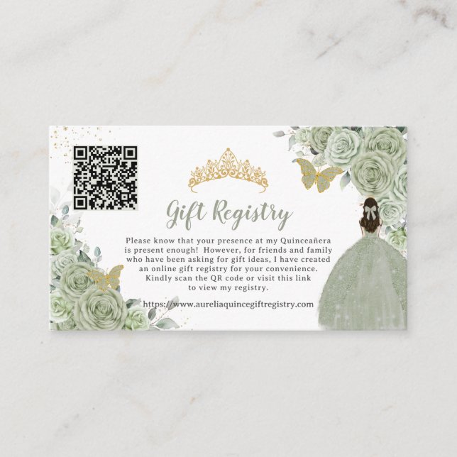 Carte D'accompagnement Sage Green Floral Gold Quinceañera Cadeau Registre (Devant)