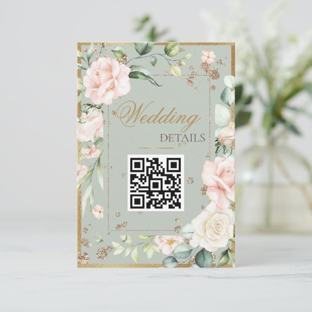 Carte D'accompagnement Sage Green Gold Aquarelle QR Code Floral Mariage (Debout devant)