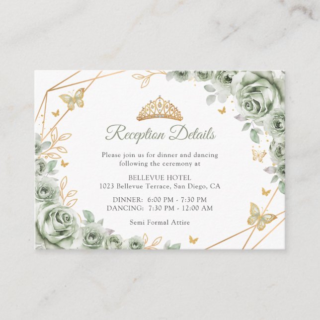 Carte D'accompagnement Sage Green Gold Floral Quinceanera  Details (Devant)