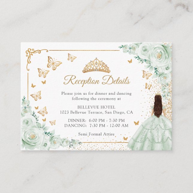 Carte D'accompagnement Sage Green Gold Quinceanera Reception Details (Devant)