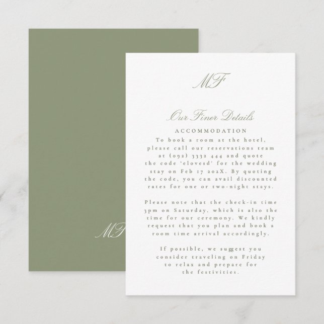 Carte D'accompagnement Sage Green Monogram Classic Mariage Détails Info (Devant / Derrière)