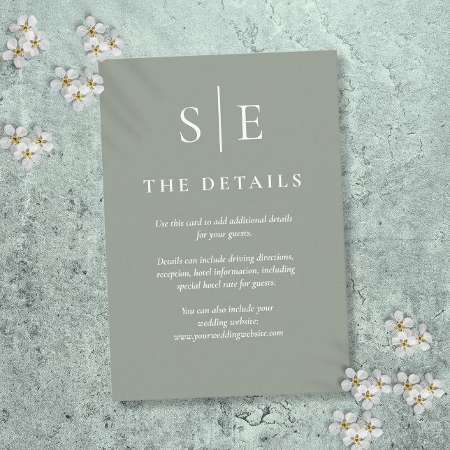 Carte D'accompagnement Sage Green Monogram Détails simples du Mariage (Sage Green Monogram Simple Wedding Details Enclosure Card)