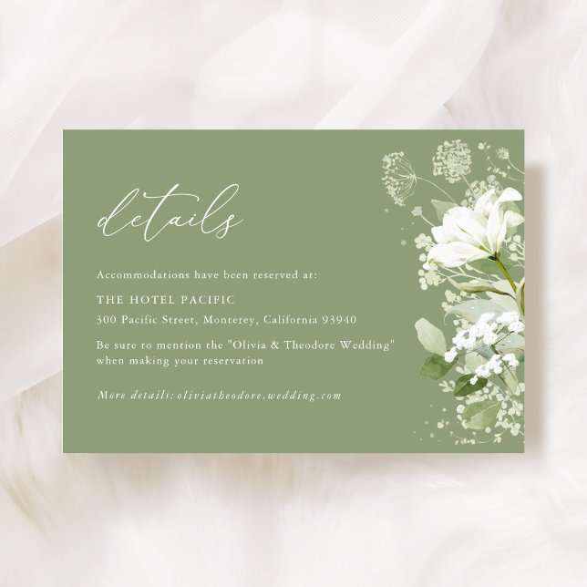 Carte D'accompagnement Sage Green Organic Greenery Wedding Details Hotel (Sage green organic greenery wedding details accommodation enclosure card with watercolor florals)