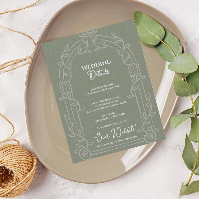 Carte D'accompagnement Sage Green Ornate Arch Botanical Wedding Details (Sage Green Ornate Arch Botanical Wedding Details Card | Elegant Wedding Information Enclosure)