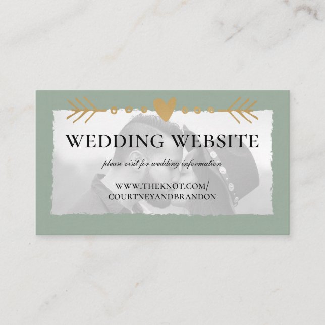 Carte D'accompagnement Sage Green Photo moderne Gold Heart Site Mariage (Devant)