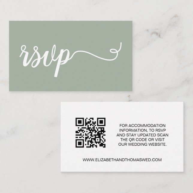 Carte D'accompagnement Sage green script Details Site web Mariage QR code (Devant / Derrière)
