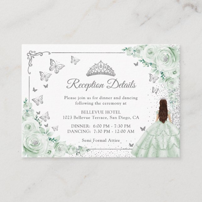 Carte D'accompagnement Sage Green Silver Quincenarea Reception Details (Devant)