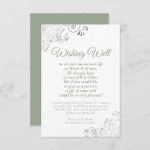 Carte D'accompagnement Sage Green Silver White Mariage Wishing well Poem
