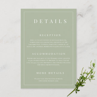 Carte D'accompagnement Sage Green Simple Détails du Mariage officiel