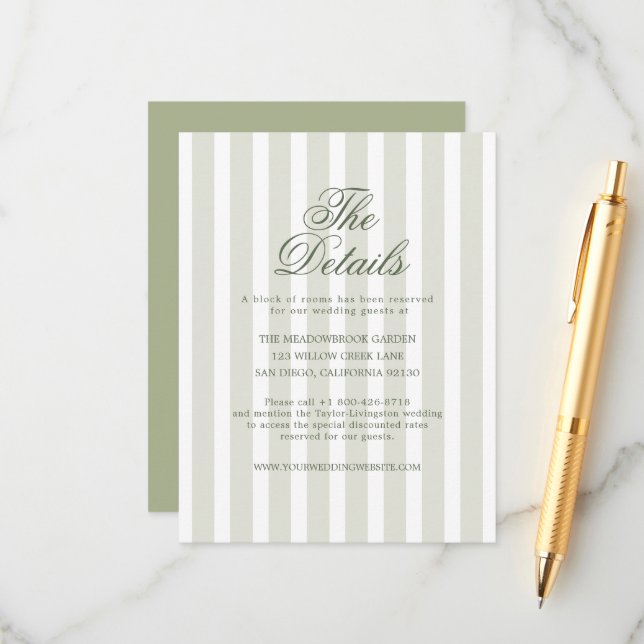 Carte D'accompagnement Sage Green Striped Wedding Details Card (Devant/Arrière en situation)