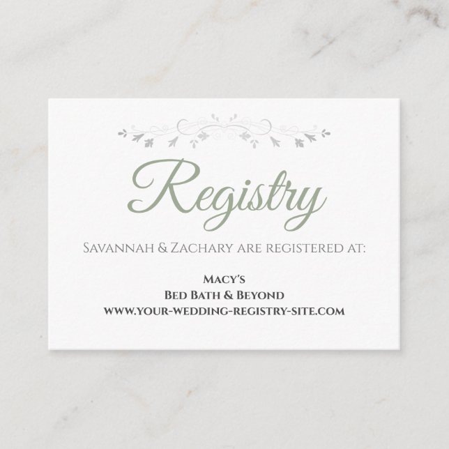 Carte D'accompagnement Sage Green sur White Elegant Wedding Registry (Devant)