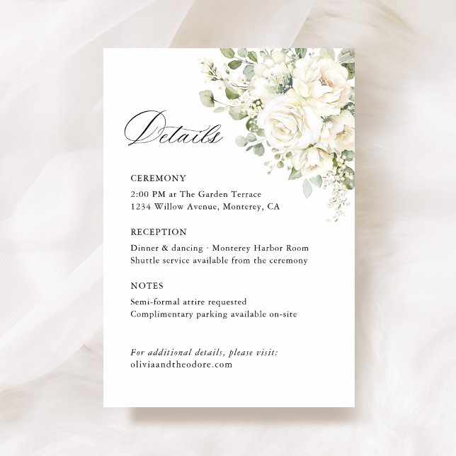 Carte D'accompagnement Sage Green White Floral Wedding Details, Ceremony (Sage green white floral watercolor wedding details card, Elegant ceremony reception info stationery)