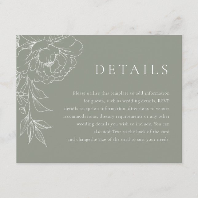 Carte D'accompagnement Sage Green White Line Art Floral Wedding Details (Devant)