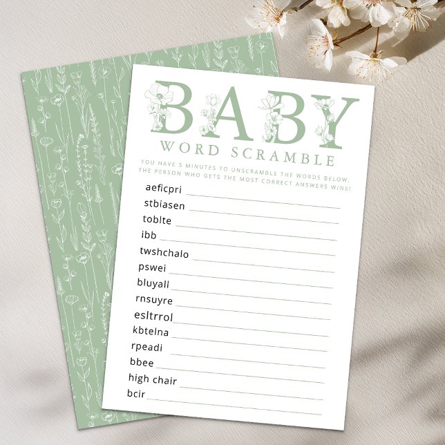 Carte D'accompagnement Sage Green Wildflower Baby Word Scramble Game Card (Sage Green Baby Shower Game)