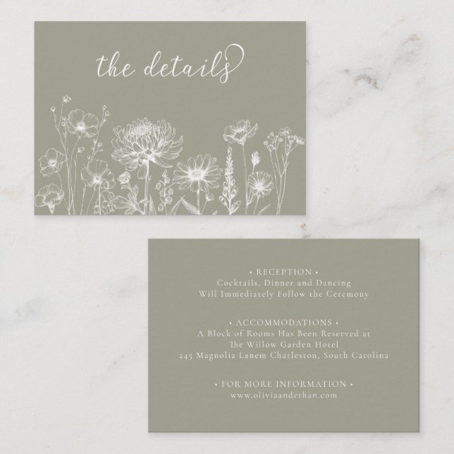 Carte D'accompagnement Sage Green Wildflower Details Card Wedding Insert (Devant / Derrière)