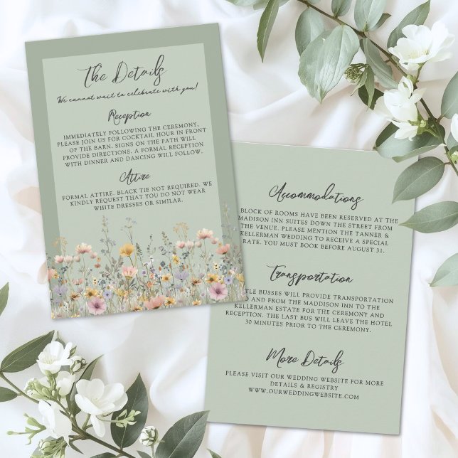 Carte D'accompagnement Sage Green Wildflower Floral Wedding Details (Sage Green Wildflower Floral Wedding Details Enclosure Card)