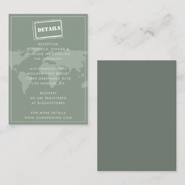Carte D'accompagnement Sage Green World Map Destination Wedding Détails (Devant / Derrière)