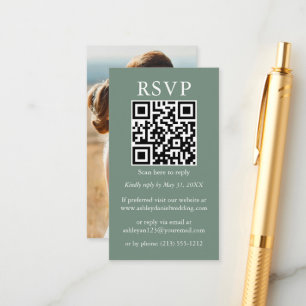 Carte D'accompagnement Sage photo minimaliste simple Mariage QR Vert RSVP