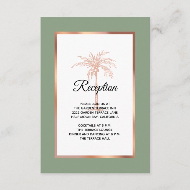 Carte D'accompagnement Sage Rose Gold Copper Palm Tree Réception de maria (Devant)