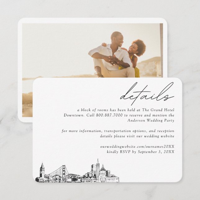 Carte D'accompagnement San Francisco Mariage Hotel Détails du bloc de cha (Devant / Derrière)